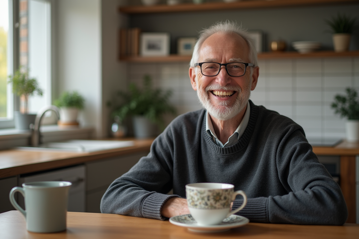 Homme senior détendu montrant son pont dentaire chez lui