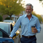 Homme d'âge moyen sortant d'une voiture hybride moderne