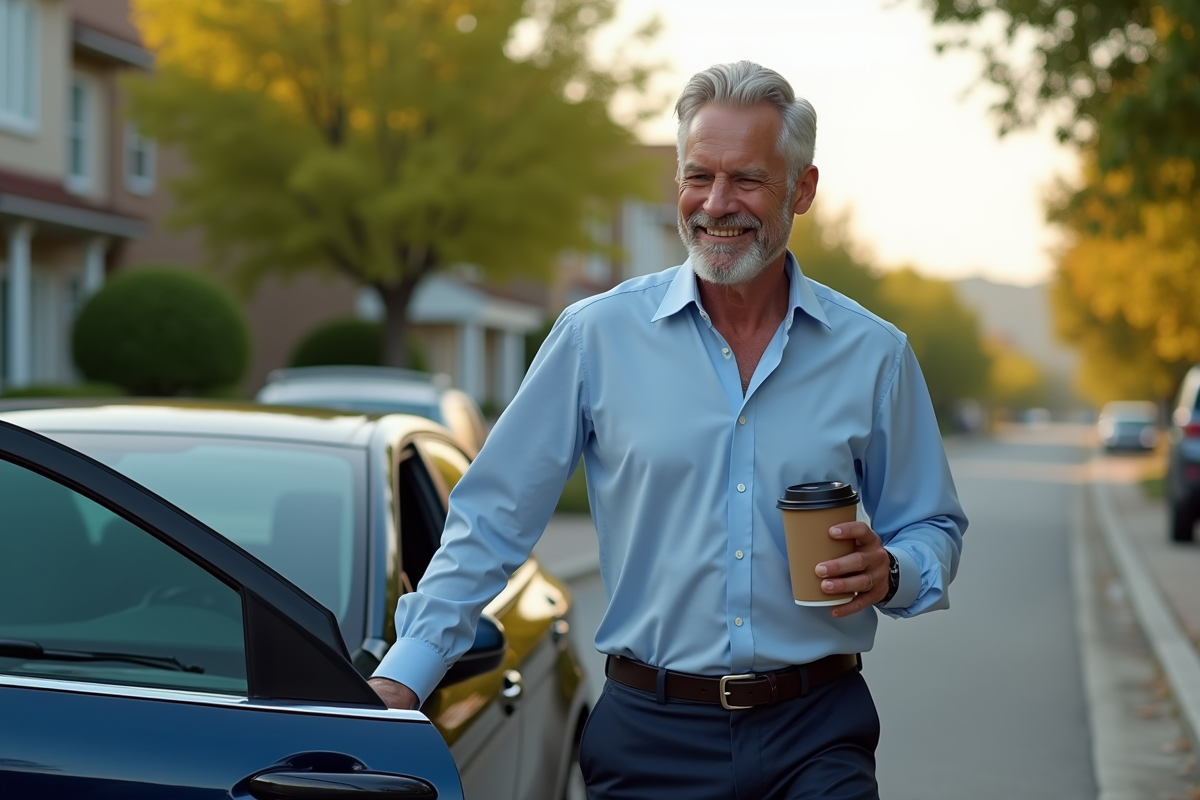 Homme d'âge moyen sortant d'une voiture hybride moderne