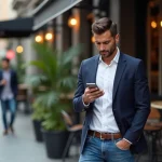 Homme élégant en ville vérifiant son téléphone