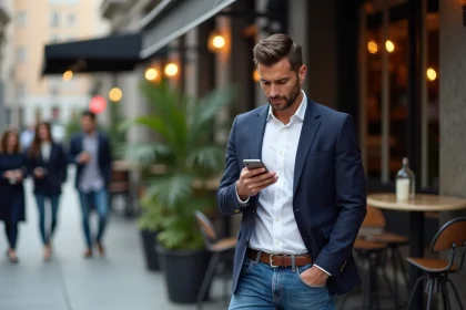 Homme élégant en ville vérifiant son téléphone