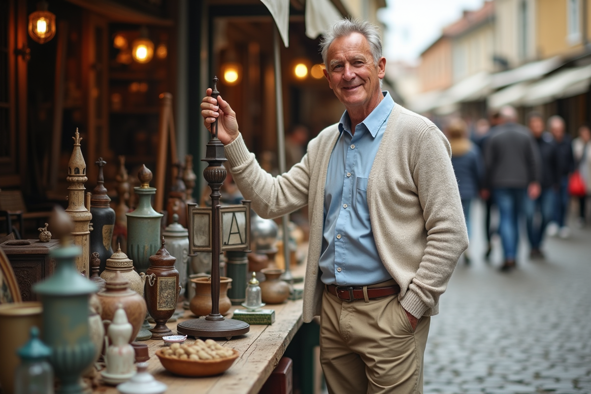 Homme tenant une lampe vintage au marché aux puces