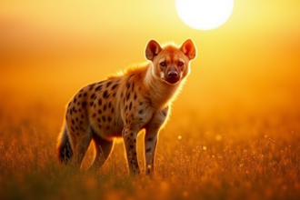 Hyene dans la savane dorée au lever du soleil