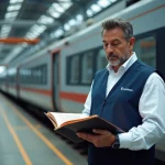 Ingénieur qualité ferroviaire consultant un référentiel IRIS02 dans un dépôt de maintenance de trains à grande vitesse