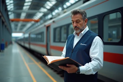 Ingénieur qualité ferroviaire consultant un référentiel IRIS02 dans un dépôt de maintenance de trains à grande vitesse