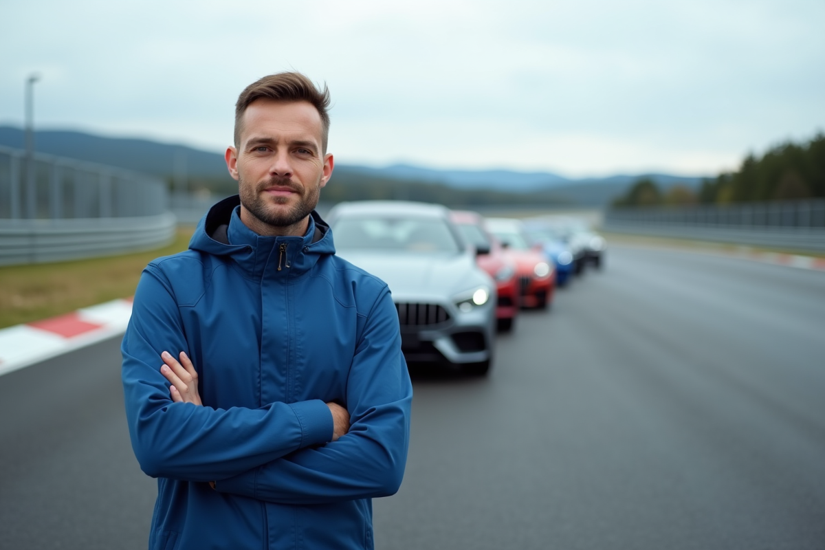 Jeune ingenieur automobile devant voitures de luxe en test