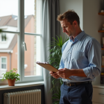 Inspecteur immobilier examinant l'isolation murale dans un salon moderne