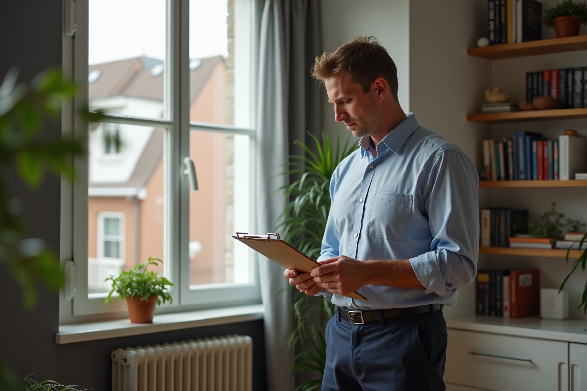 Inspecteur immobilier examinant l'isolation murale dans un salon moderne