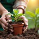 Mains de jardinier plantant une passiflore dans un sol humide