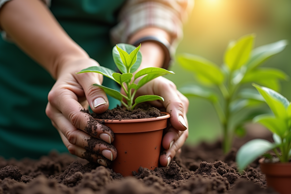 Mains de jardinier plantant une passiflore dans un sol humide