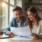 Jeune couple souriant avec documents de prêt immobilier