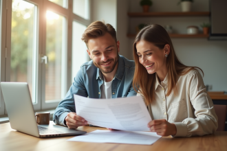 Jeune couple souriant avec documents de prêt immobilier