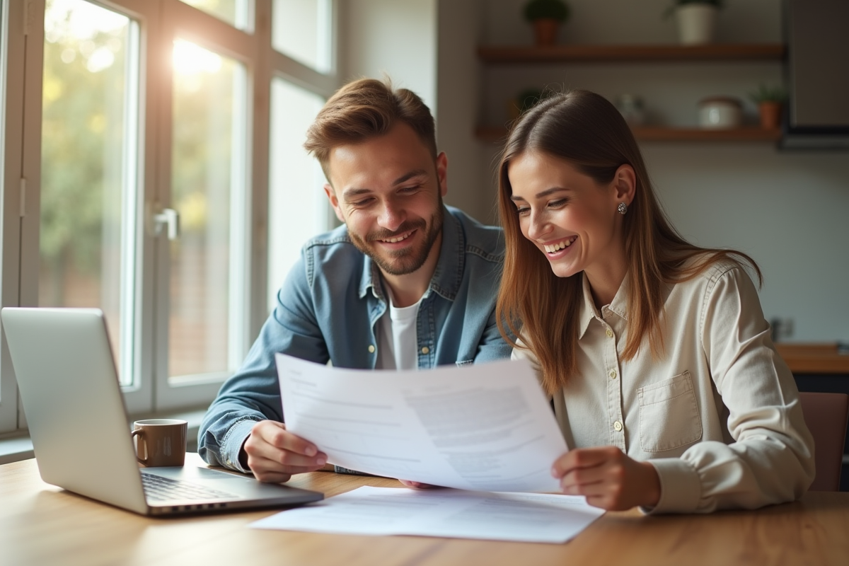Jeune couple souriant avec documents de prêt immobilier
