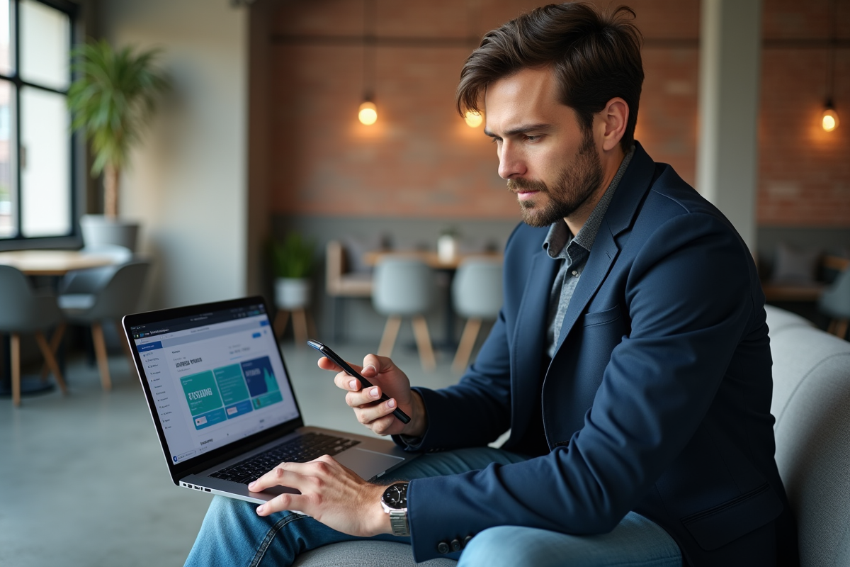 Jeune entrepreneur seul avec son smartphone dans un espace de coworking