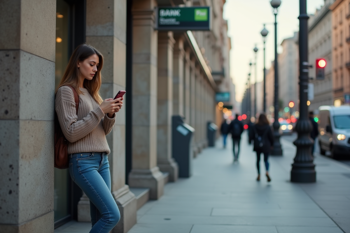 Jeune femme en jeans regarde son téléphone devant une banque urbaine