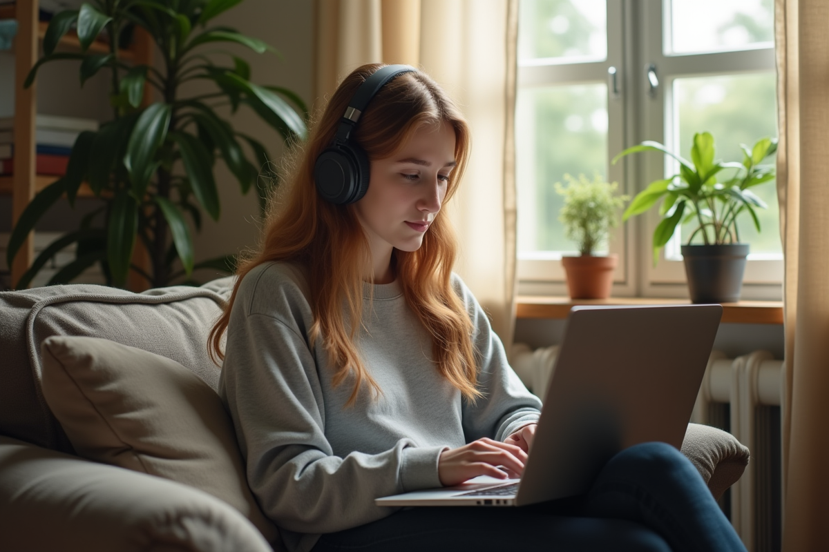 Jeune femme avec casque suivant un cours en ligne à la maison