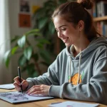 Jeune femme dessinant fan art Dromoy sur tablette dans chambre lumineuse