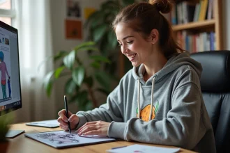 Jeune femme dessinant fan art Dromoy sur tablette dans chambre lumineuse