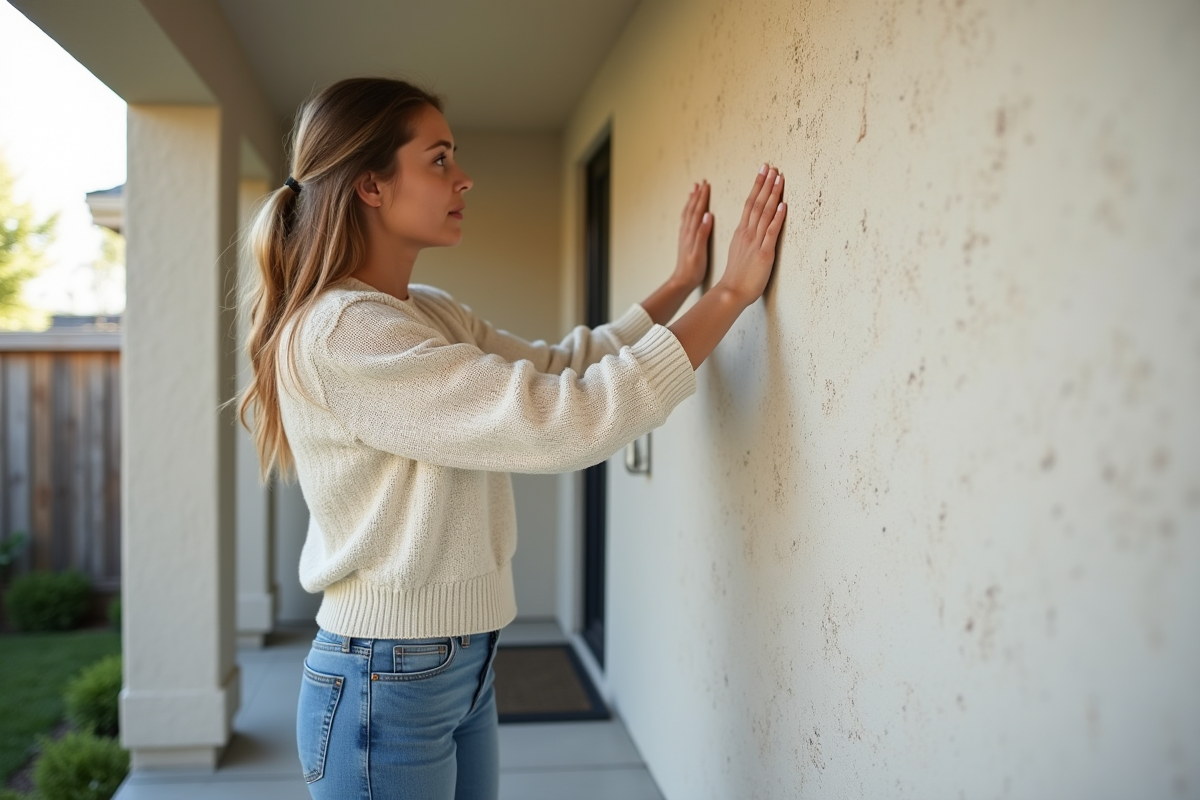 Jeune femme admirant la texture du stucco sur la façade