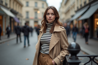 Jeune femme parisienne en trench beige et turtleneck