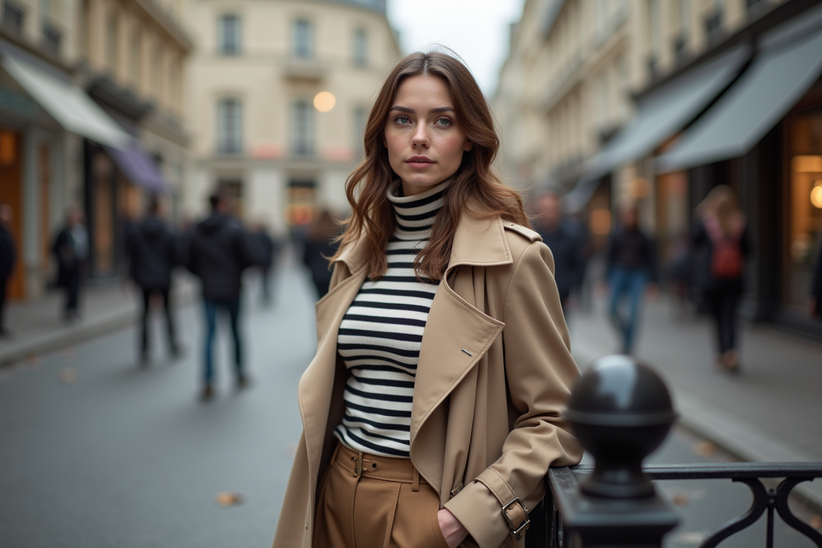 Jeune femme parisienne en trench beige et turtleneck