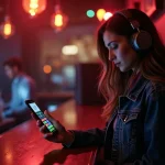 Jeune femme avec casque vérifiant un decibel sur smartphone