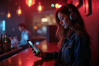 Jeune femme avec casque vérifiant un decibel sur smartphone