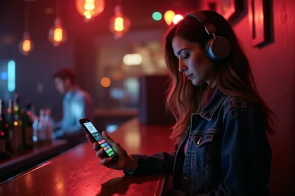 Jeune femme avec casque vérifiant un decibel sur smartphone