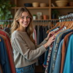 Jeune femme souriante dans une friperie vintage