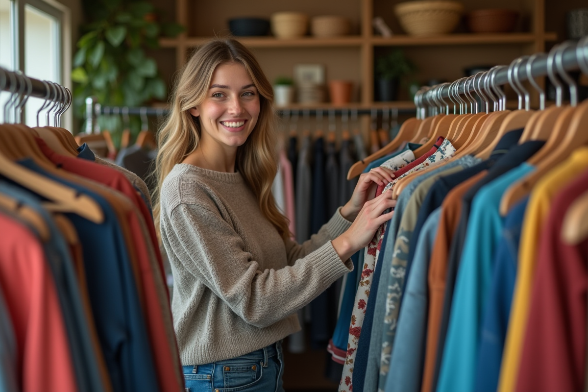 Jeune femme souriante dans une friperie vintage