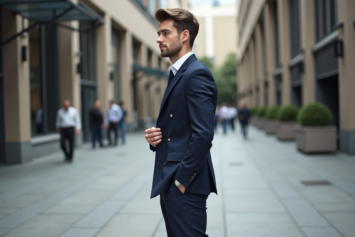 Jeune homme en blazer bleu dans une place urbaine chic