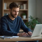 Jeune homme au bureau tapant sur son ordinateur portable