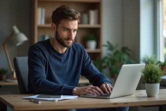 Jeune homme au bureau tapant sur son ordinateur portable