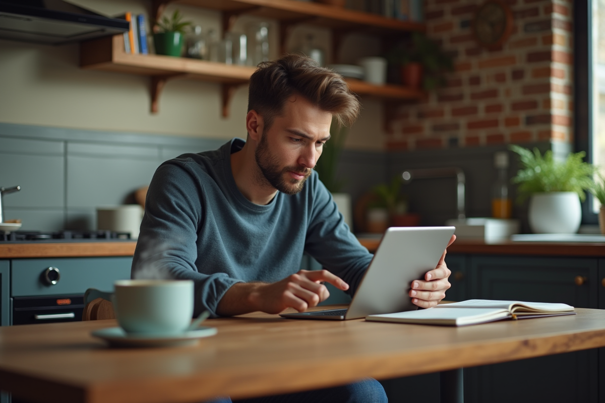 Jeune homme à la maison regardant une tablette à la cuisine