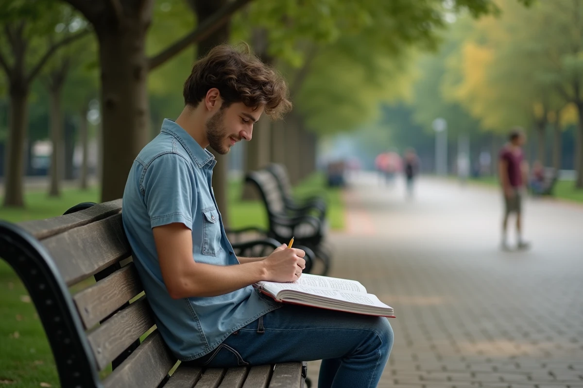 Jeune homme lisant un livre de mots croisés au parc