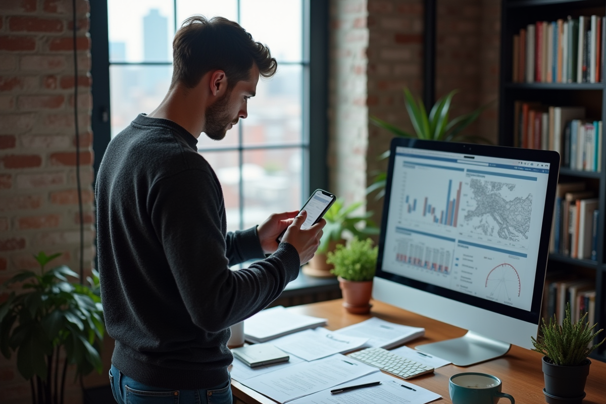 Jeune homme photographiant un graphique sur son écran
