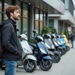 Jeune homme examine des scooters 50cc en extérieur