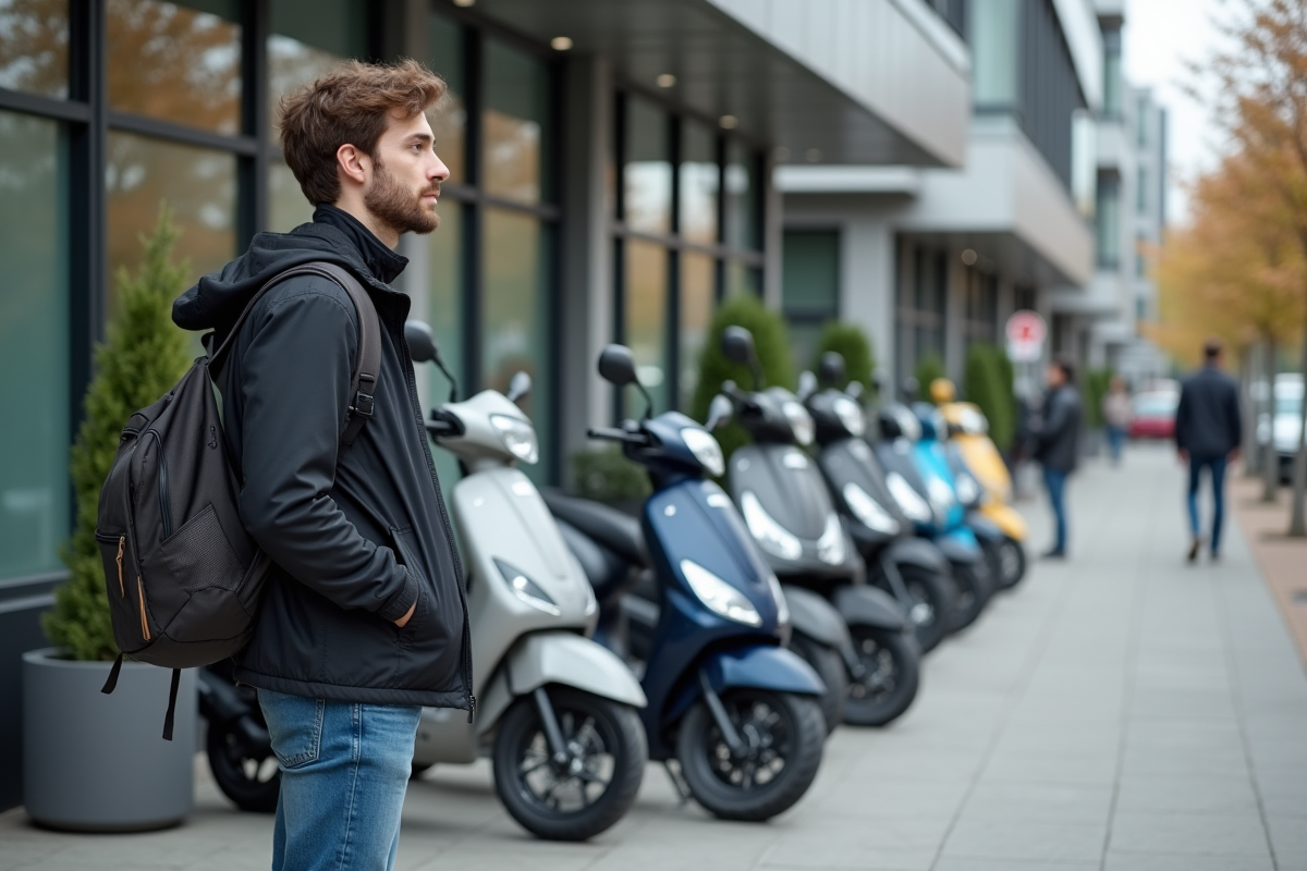 Jeune homme examine des scooters 50cc en extérieur