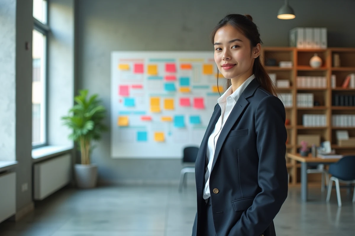 Jeune femme manager analysant un tableau de planification