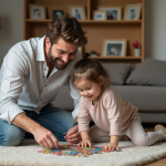 Père et fille en train de faire un puzzle dans le salon