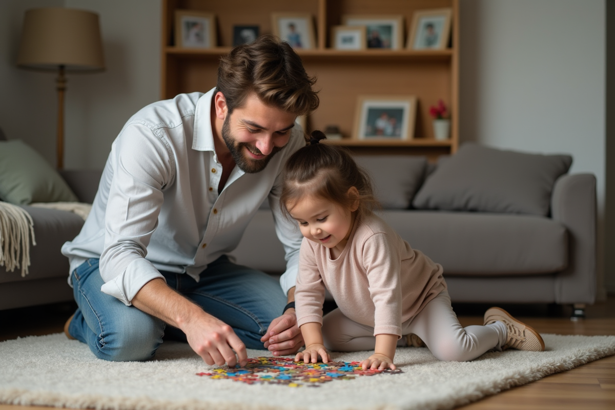 Père et fille en train de faire un puzzle dans le salon