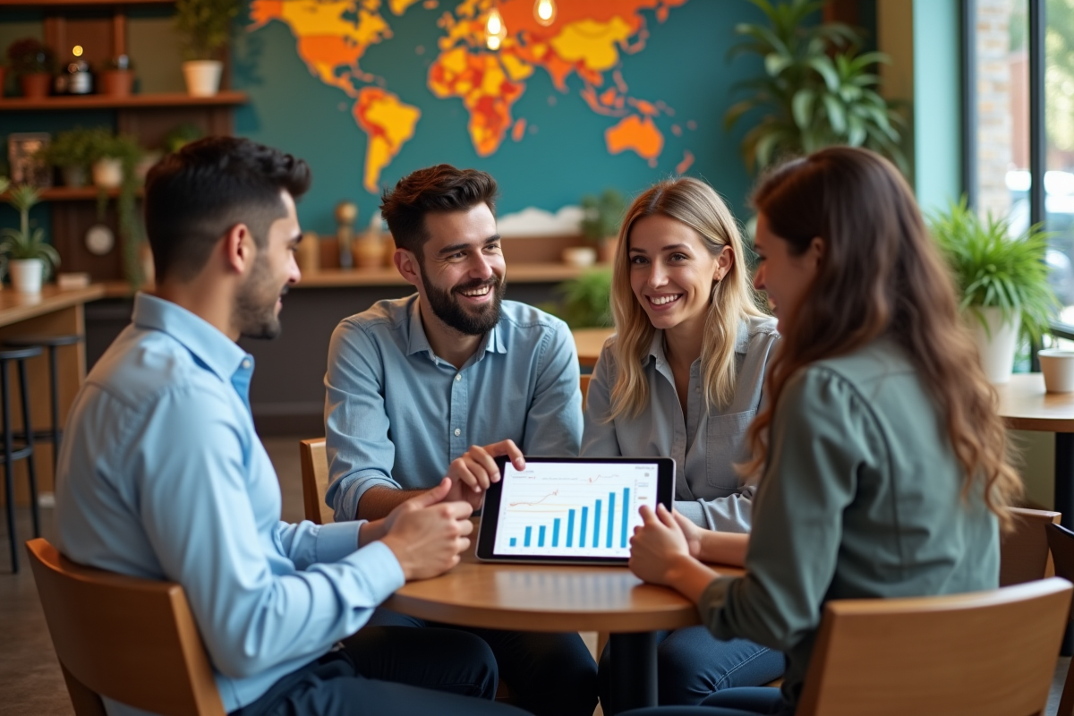 Groupe de jeunes discutant autour d une table cafe avec tablette