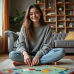 Jeune femme jouant à Monopoly gratuitement dans son salon, entourée de billets et de cartes de propriété du célèbre jeu de société