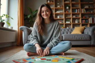 Jeune femme jouant à Monopoly gratuitement dans son salon, entourée de billets et de cartes de propriété du célèbre jeu de société