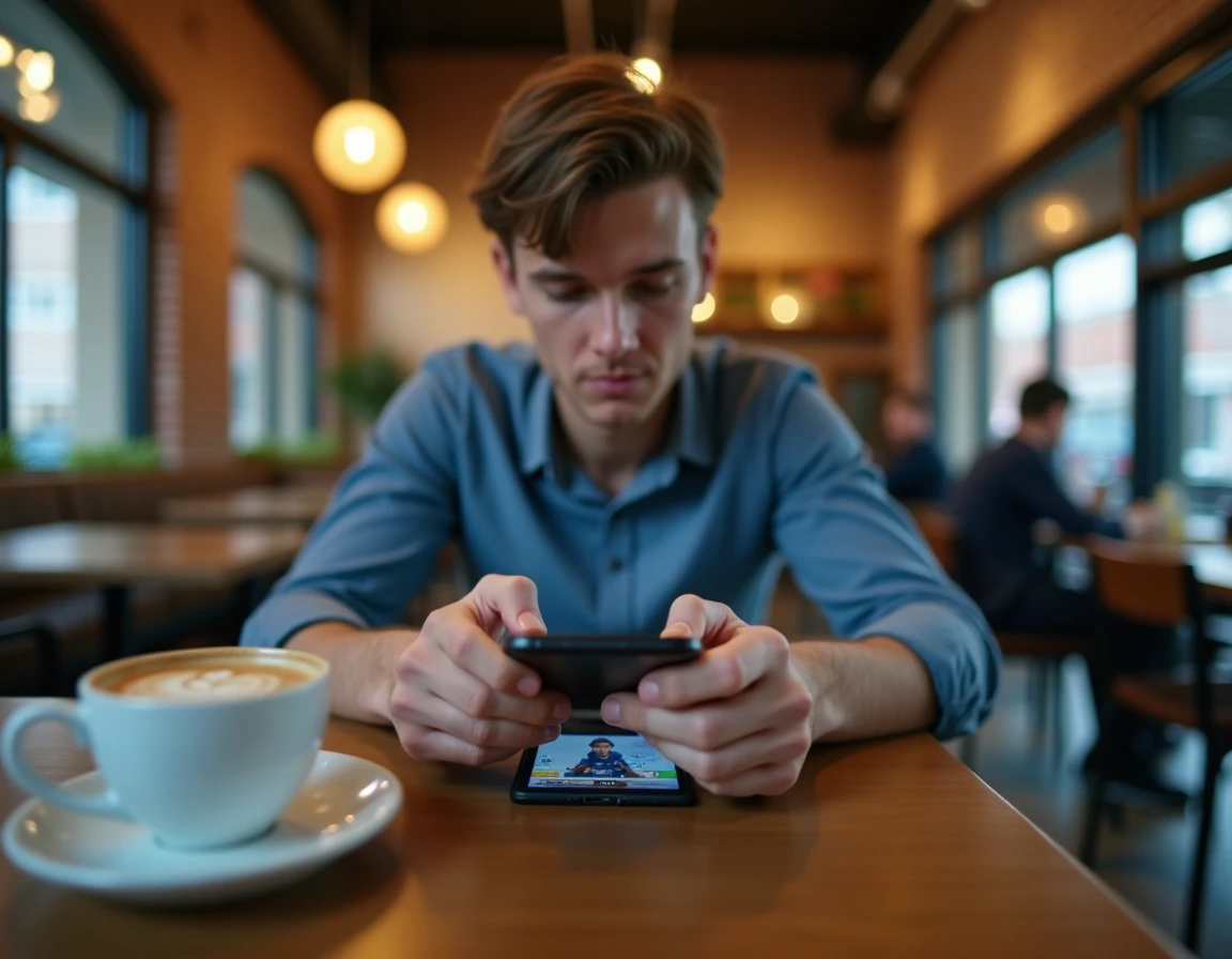 Homme jouant à Fortnite Mobile sur smartphone dans un café urbain avec une tasse de café posée sur la table
