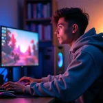 Jeune homme jouant à Fortnite sur PC dans une salle de gaming moderne avec double écran et périphériques RGB