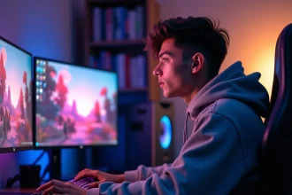 Jeune homme jouant à Fortnite sur PC dans une salle de gaming moderne avec double écran et périphériques RGB