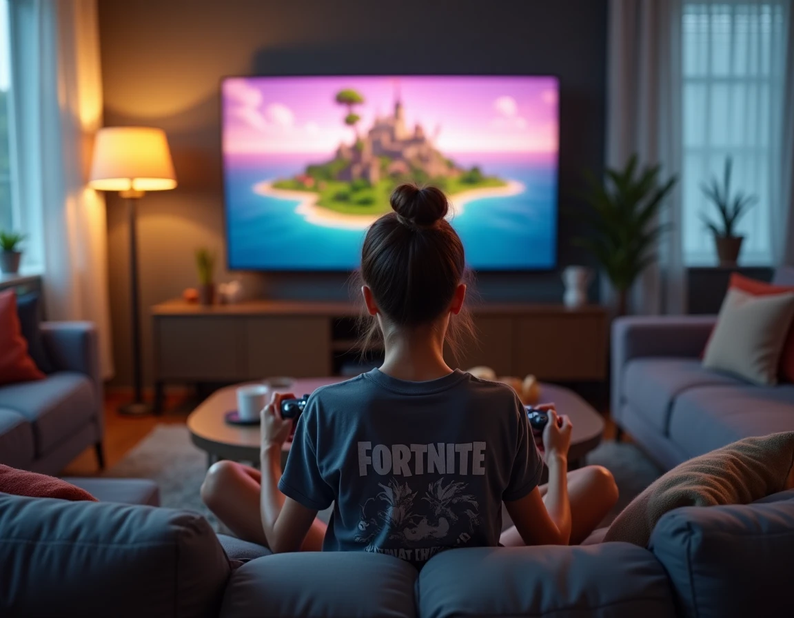 Adolescente jouant à Fortnite sur console PlayStation dans un salon confortable avec manette et télévision grand écran