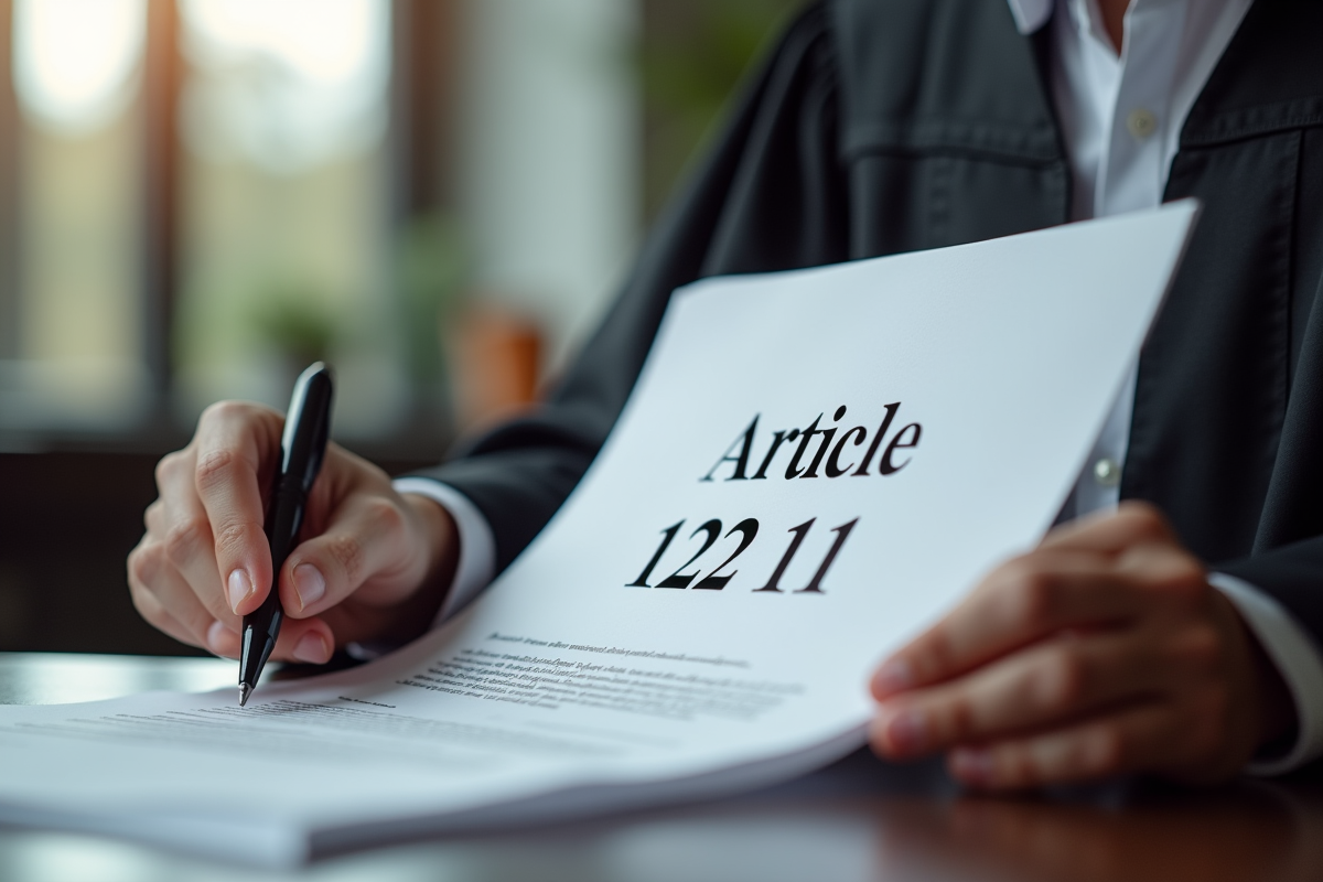 Mains de juge tenant un document avec article 12311 en office moderne