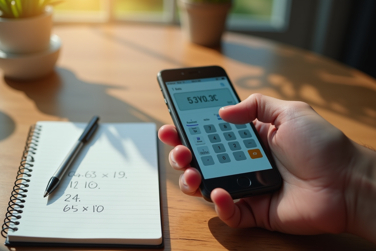 Main utilisant une calculatrice sur smartphone avec carnet